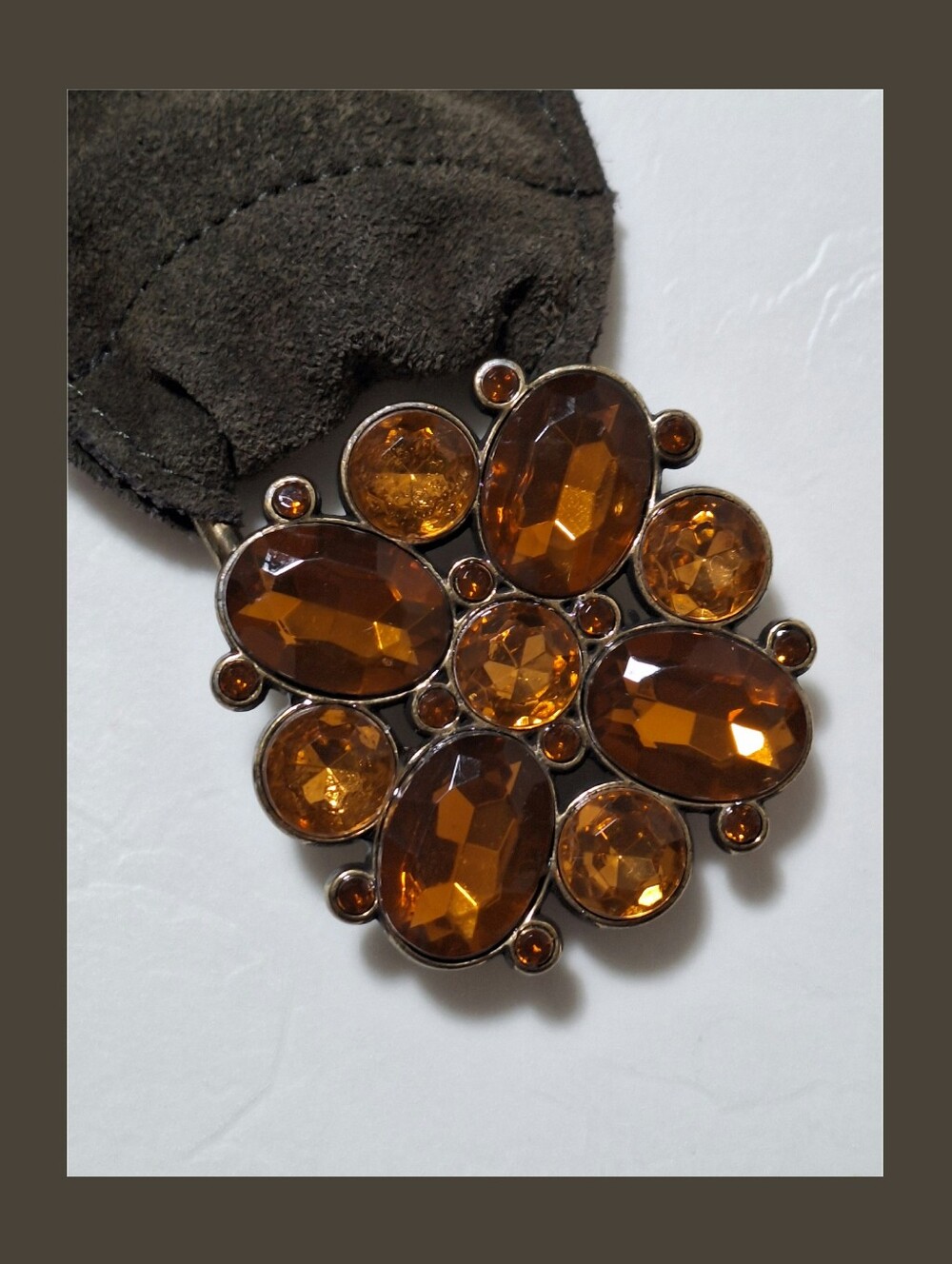 Brown Suede Leather Belt Amber Rhinestone Buckle